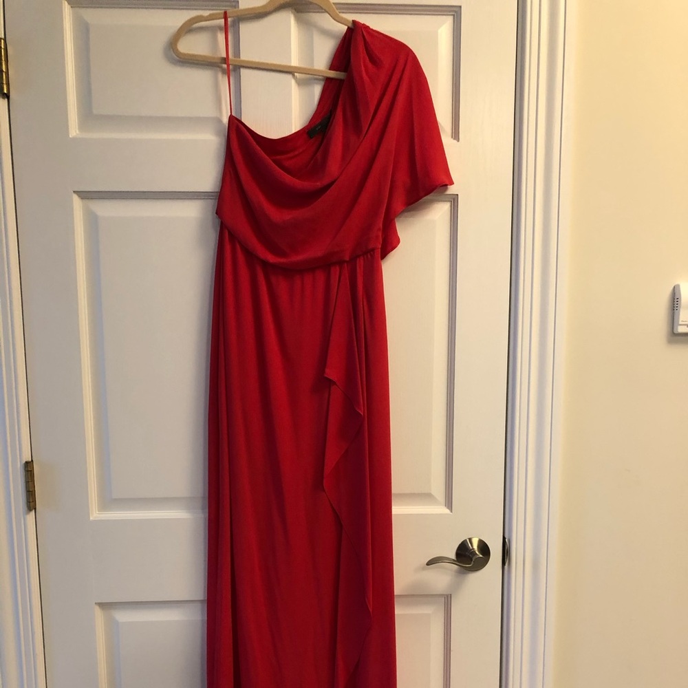 BCBG Maxazria red one shoulder long dress.